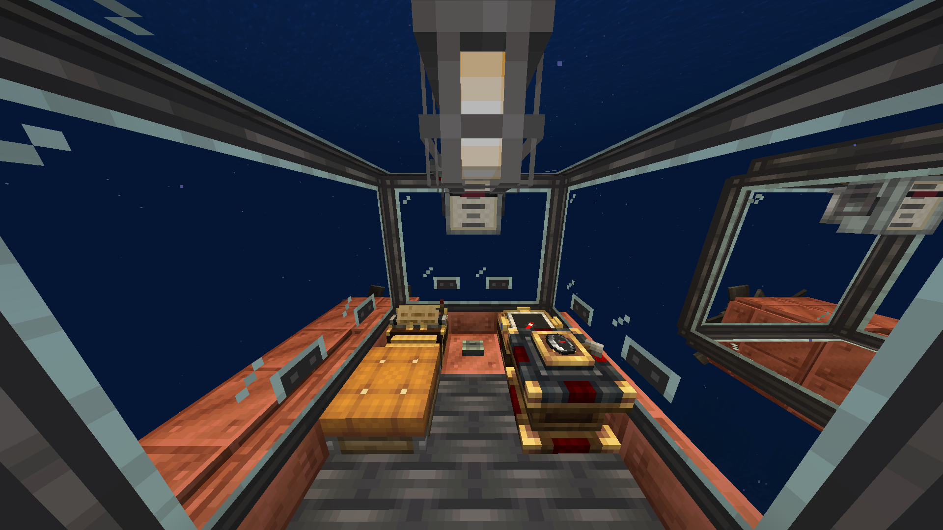 Interior view of the Shallow Sea Explorer submarine with control panels and furniture