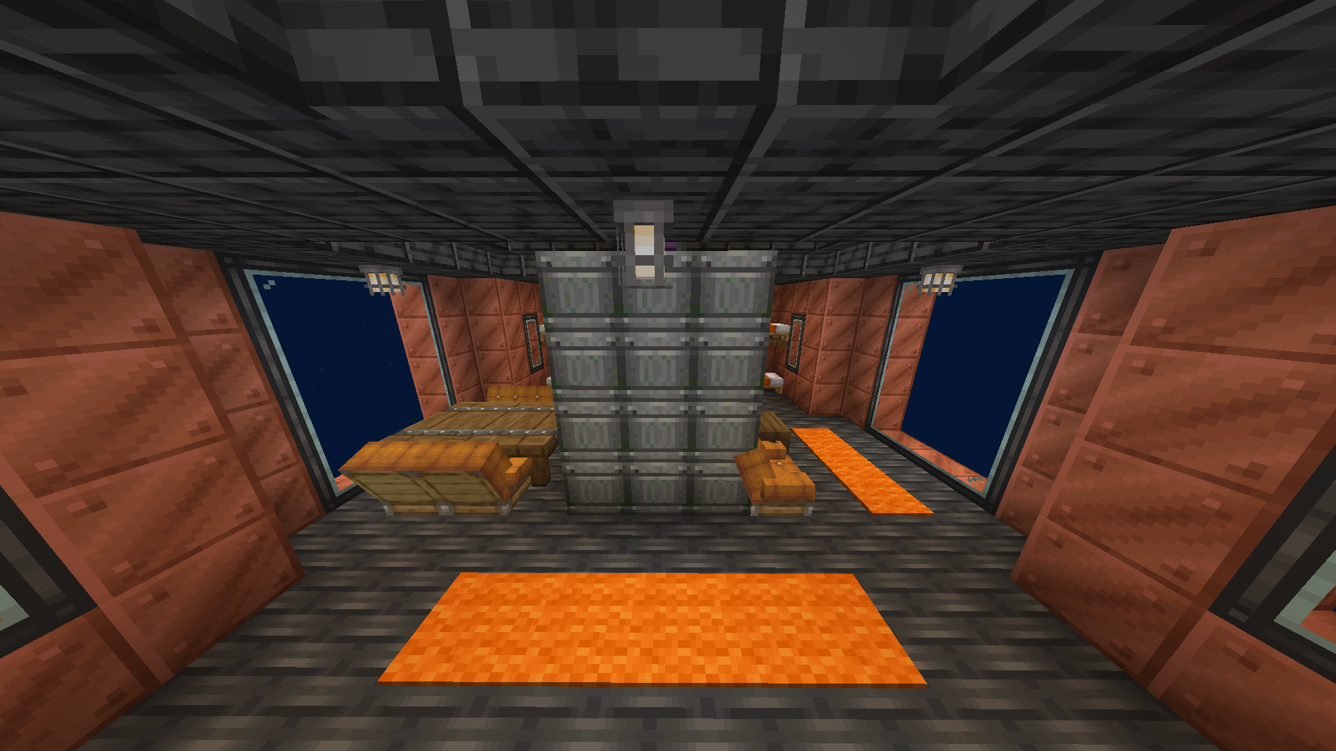 Submarine cabin with copper walls orange carpets and underwater viewing windows