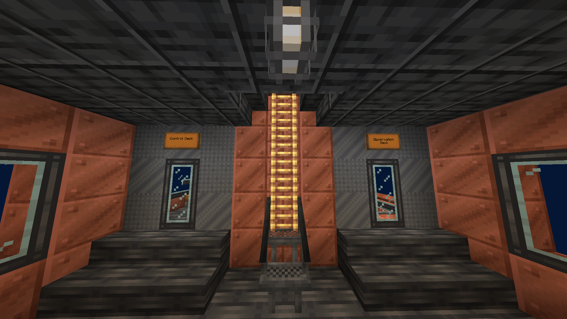 Interior view of a submarine with copper walls and a central wooden ladder