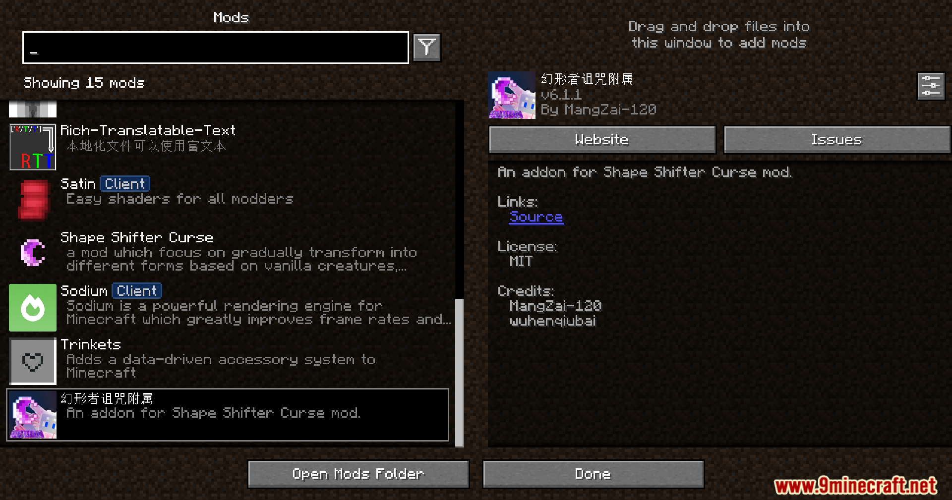 Minecraft mod list screen showing the Shape Shifter Curse Addon details