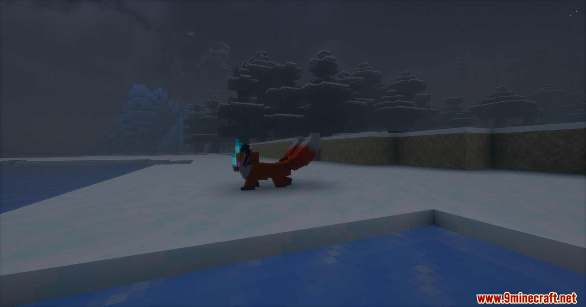 A fox with glowing blue eyes stands on the snowy ground