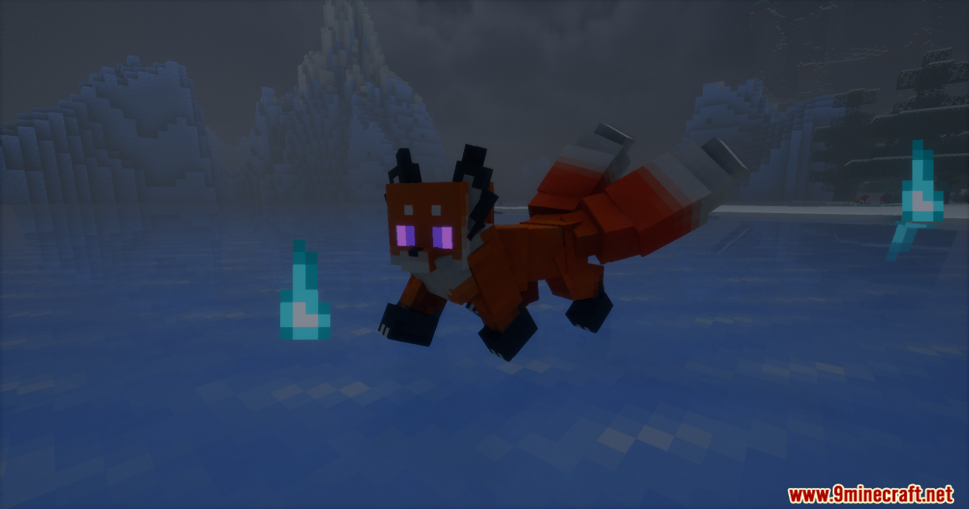 A mystical fox with glowing purple eyes floats above a frozen lake