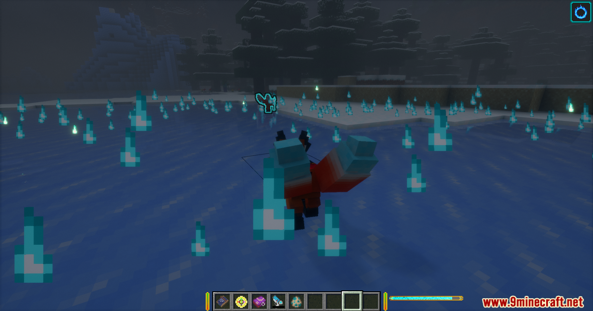 The fox creature is surrounded by blue soul flames on a frozen lake