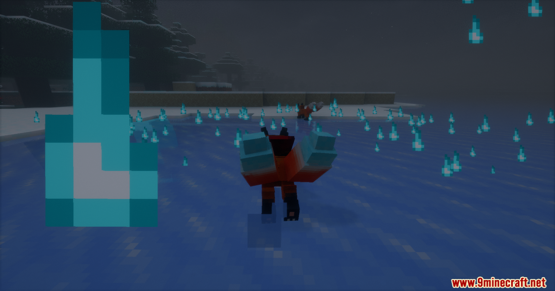 Anubis form character standing on ice surrounded by glowing blue soul particles