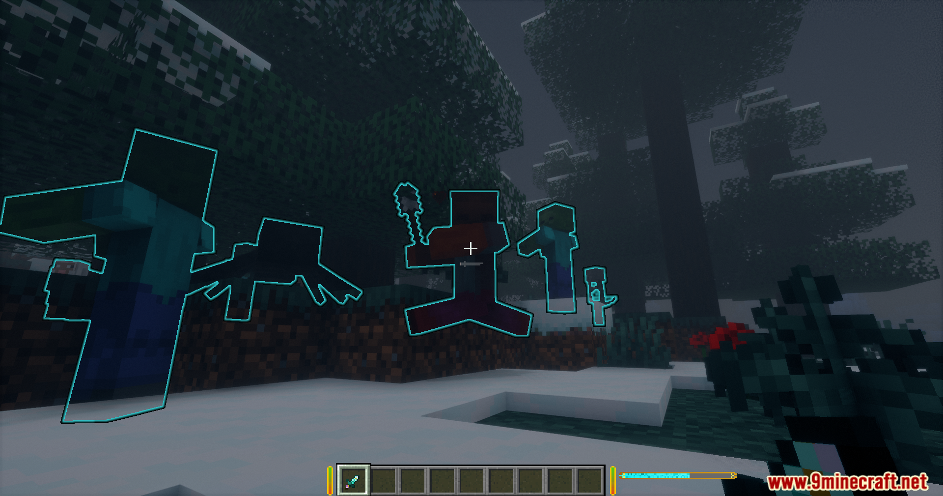 Soul Sight ability highlighting nearby mobs with glowing blue outlines in the forest