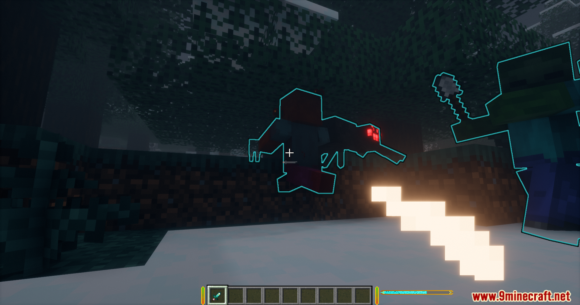 Glowing blue outlines highlight a zombie and spider near a bright light