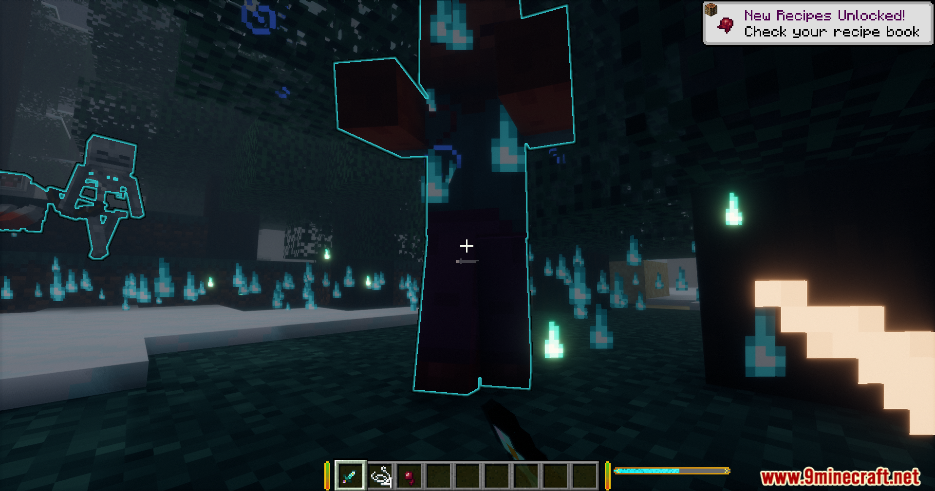 Transformed player using soul sight to highlight nearby enemies in a dark biome