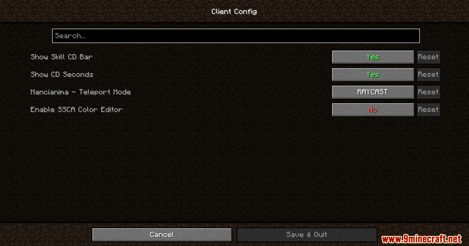 Client configuration menu for adjusting skill bars and teleportation modes in game