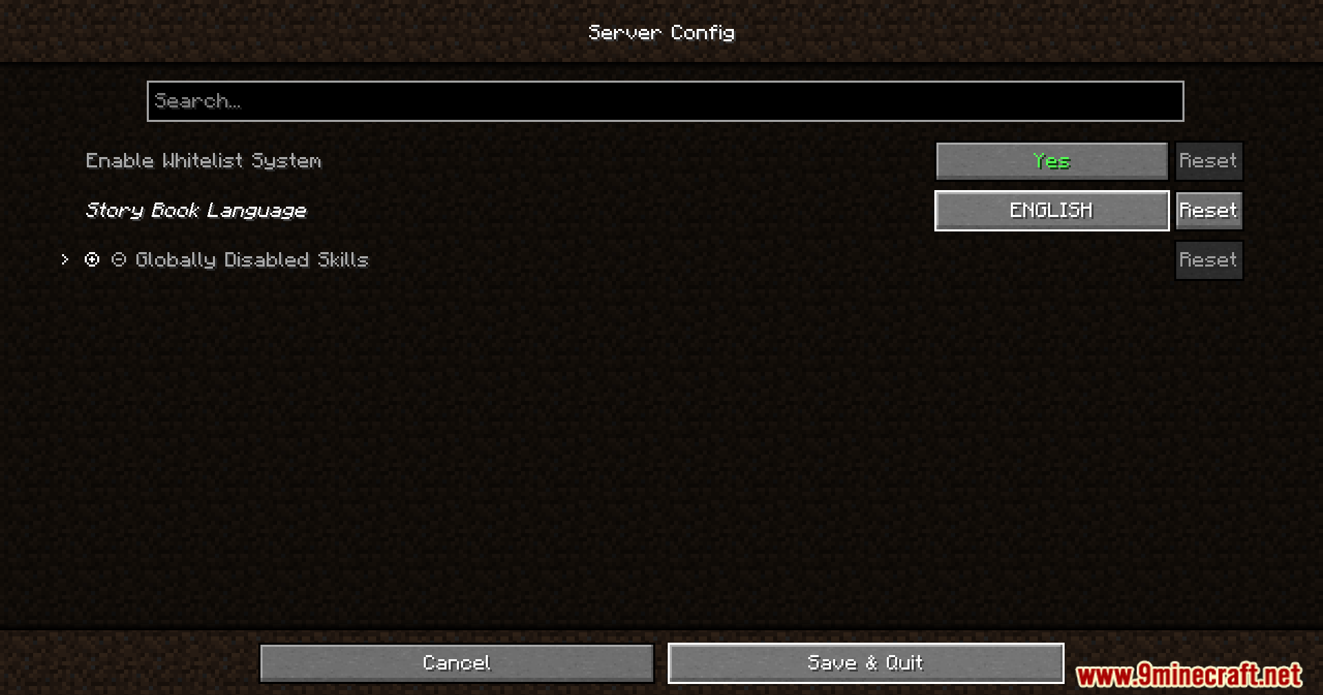 Minecraft server configuration menu showing the story book language set to English