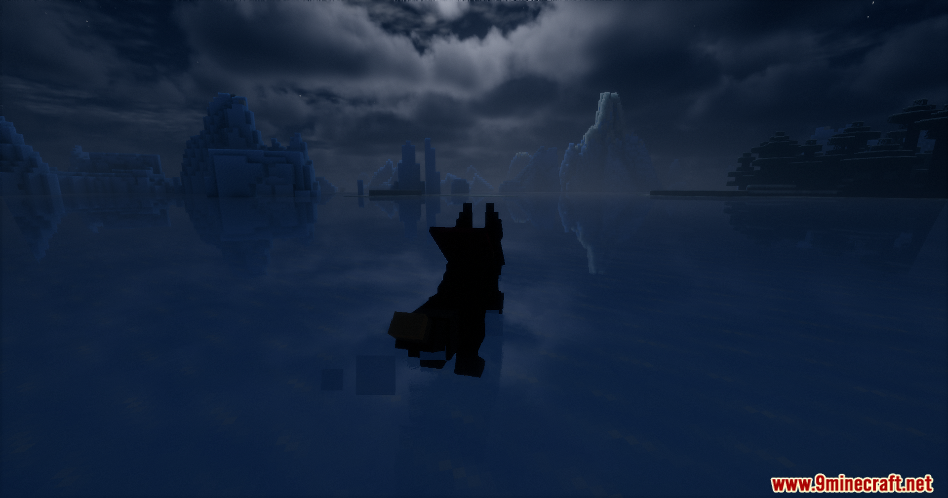 A dark wolf silhouette standing on a reflective frozen lake at night