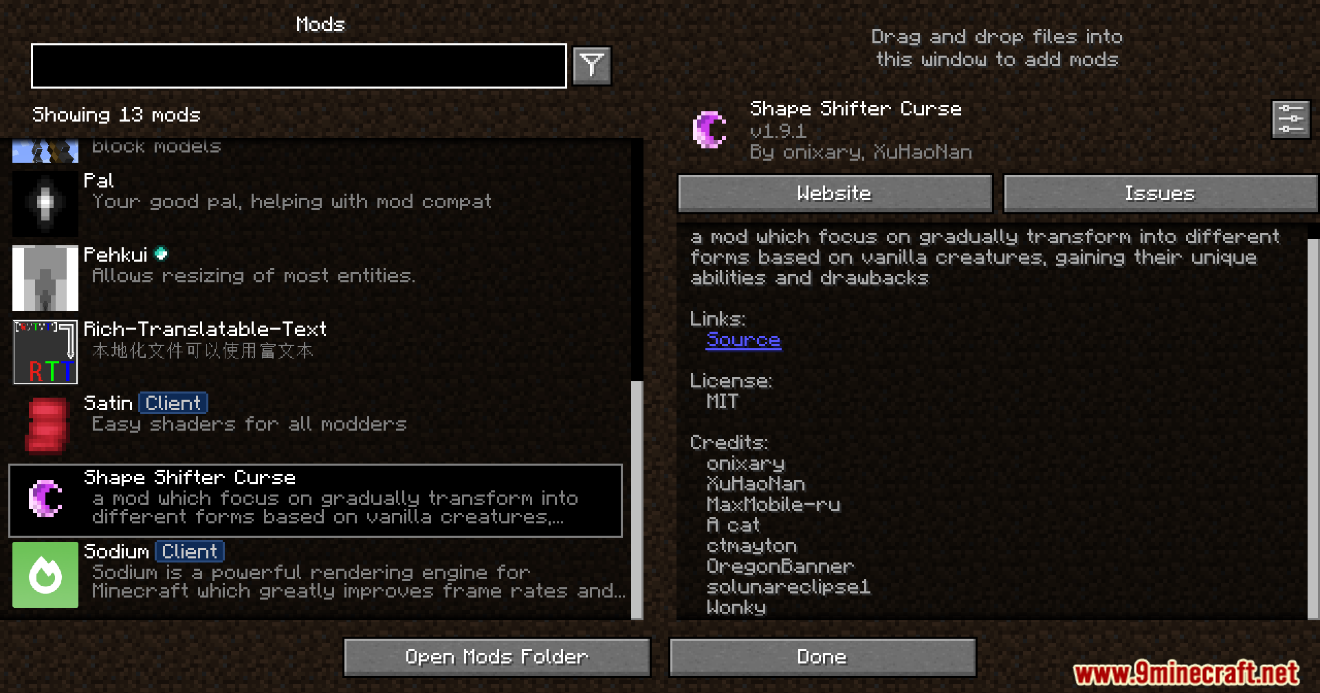 Minecraft mod menu interface displaying details for the Shape Shifter Curse mod