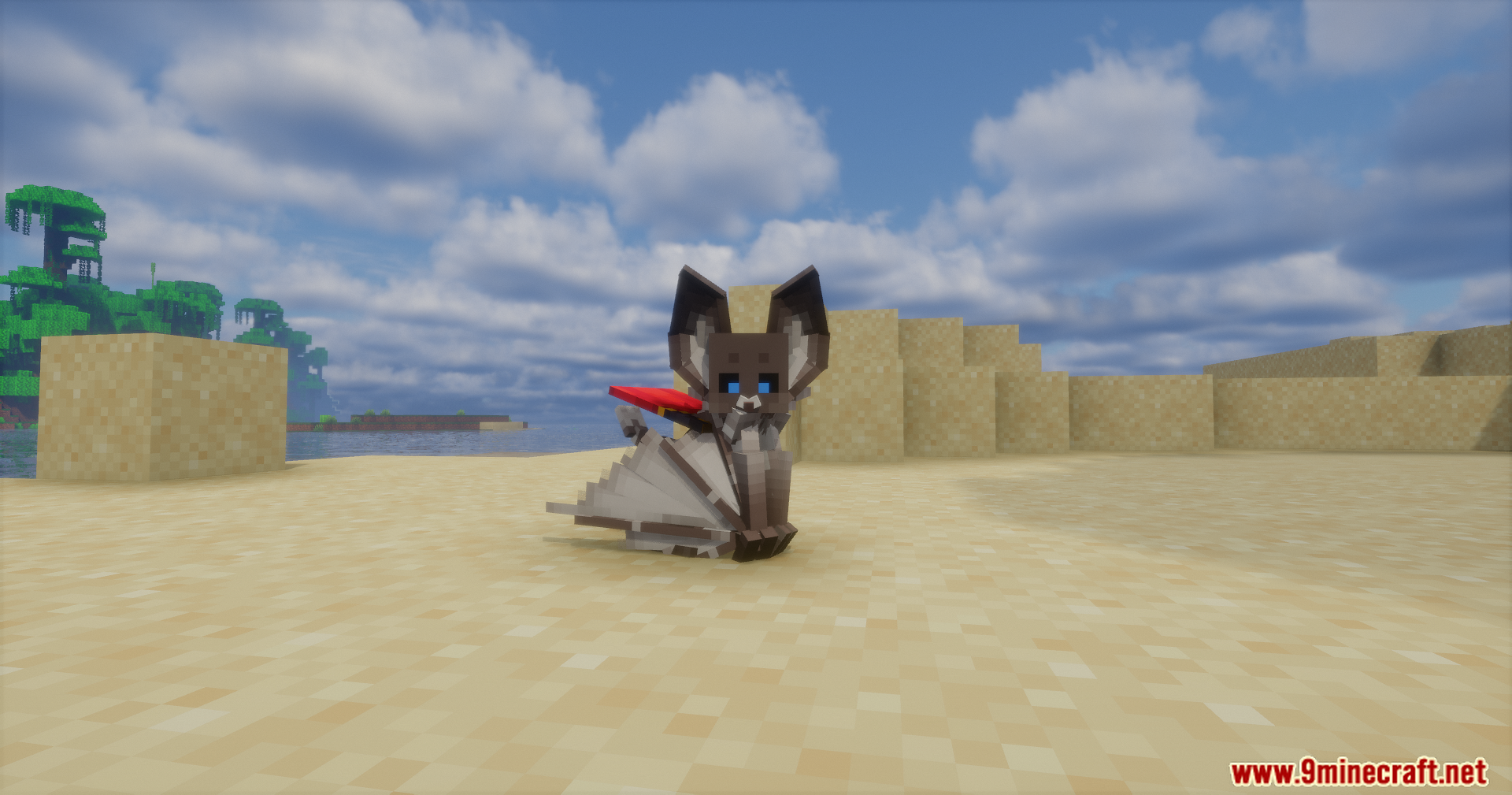 A custom bat creature with a red saddle rests on the sand