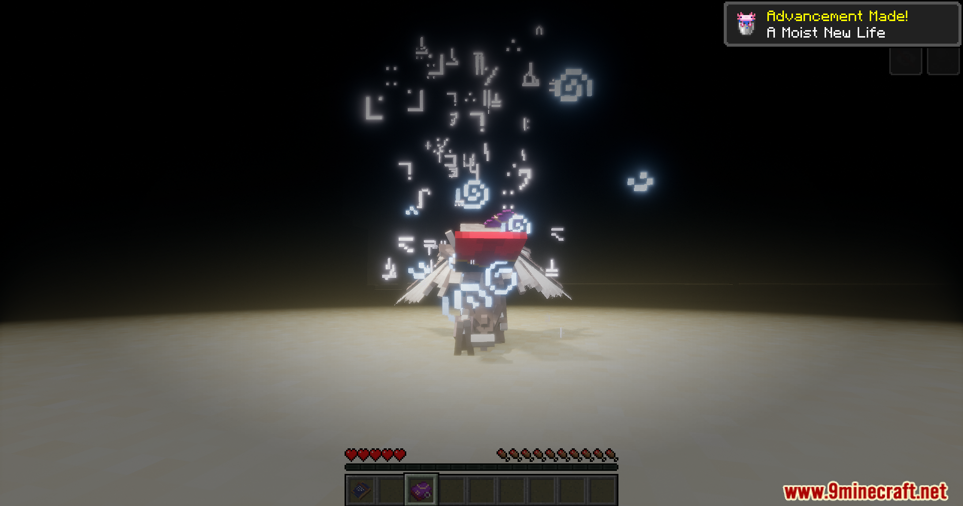 Magical white symbols float around a player during a shape shifting transformation