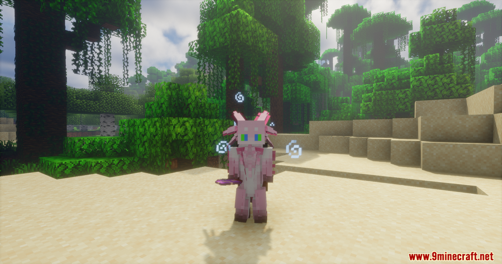 A player transformed into a pink axolotl standing in a lush jungle