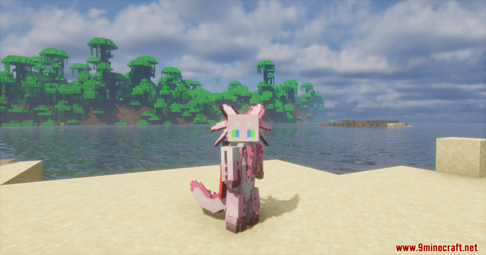 Pink axolotl character standing on a sandy beach near the ocean water