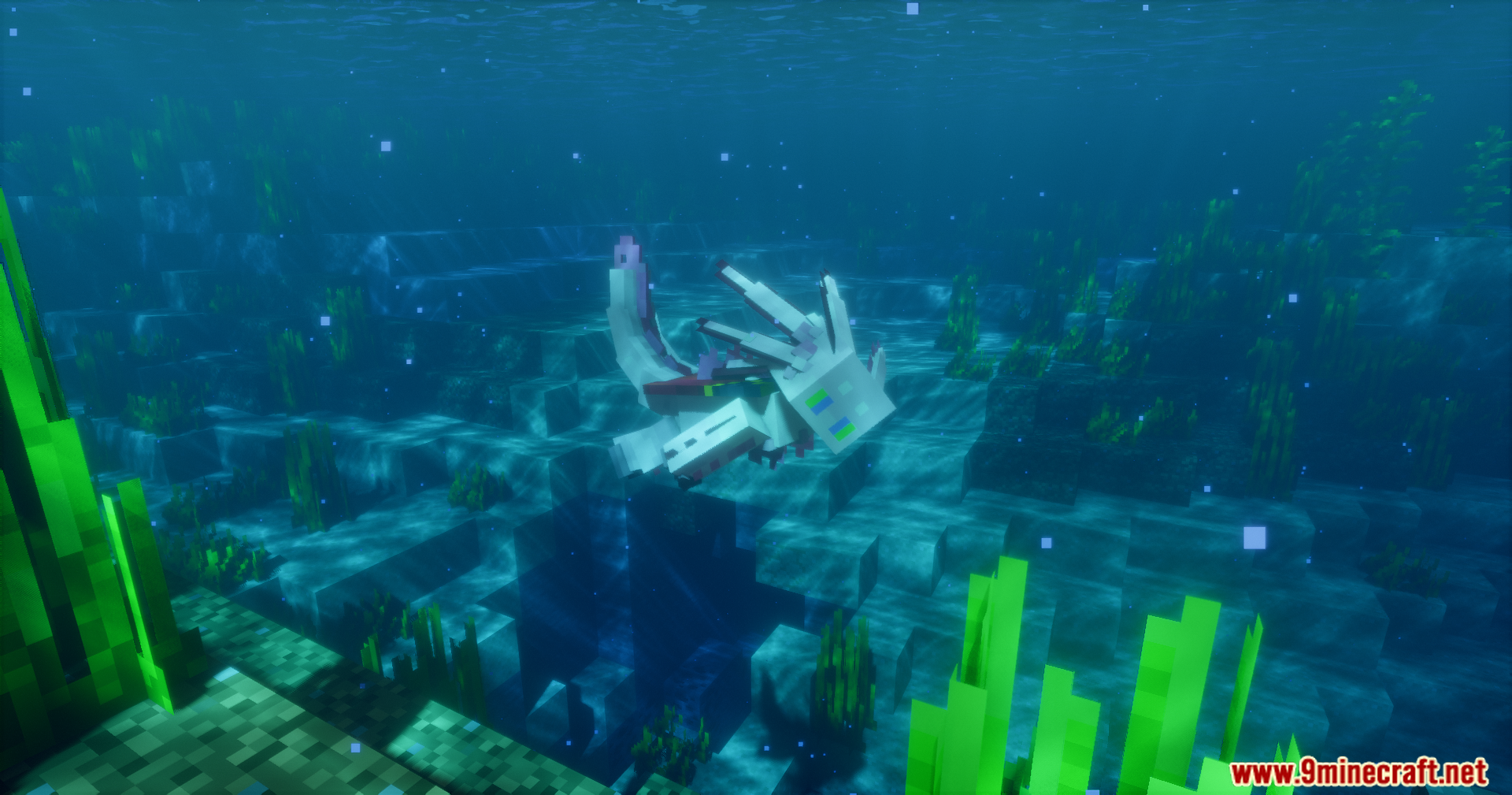 An axolotl swims near the ocean floor in a bright underwater biome