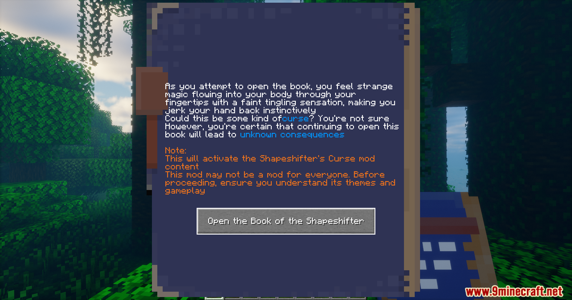 A magical book interface displaying a warning message before activating mod content