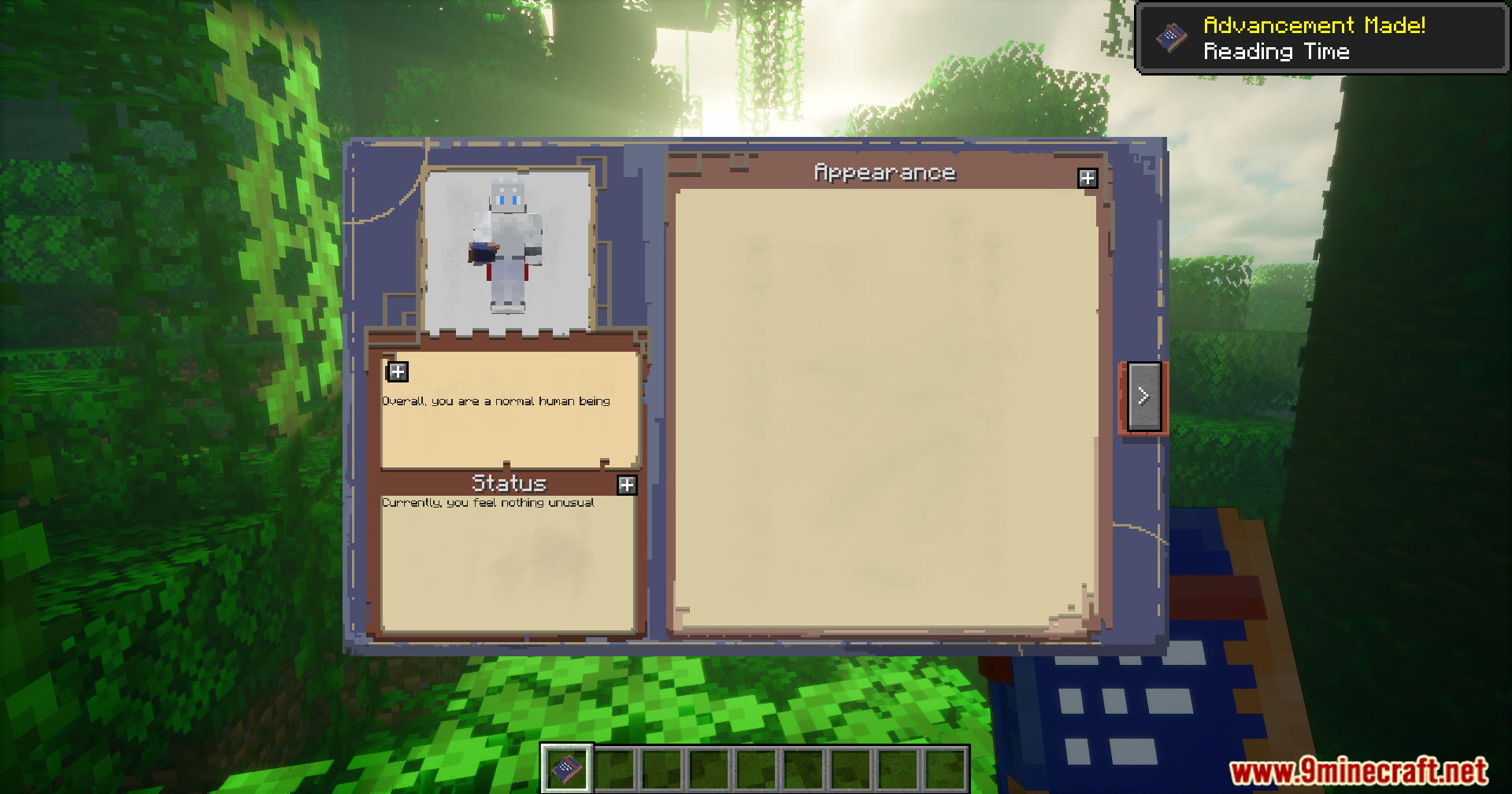 Opening the Book of Shape Shifter to check character appearance and status