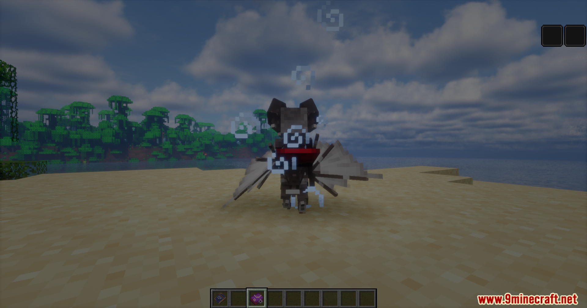 Player character transformed into a bat standing on a sandy beach