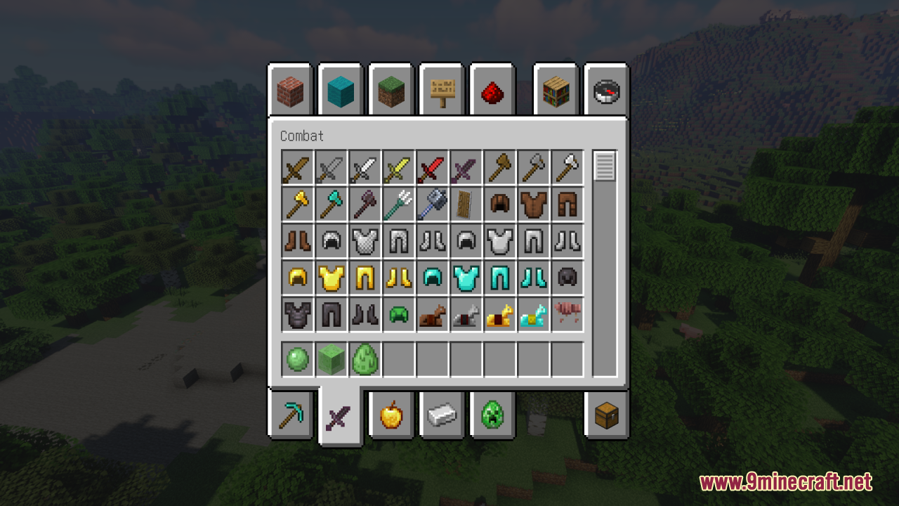The creative inventory combat tab displays various shorter sword and armor item icons