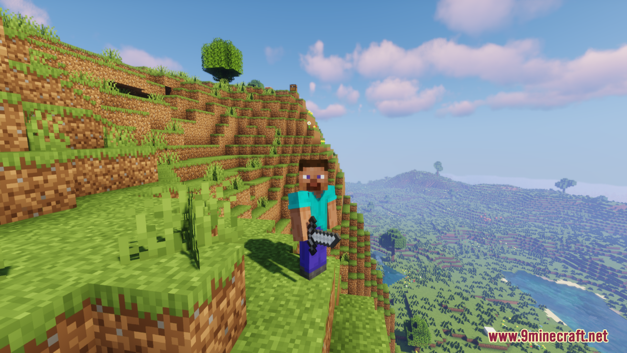 Steve character holding a short sword while standing on a high grassy hill