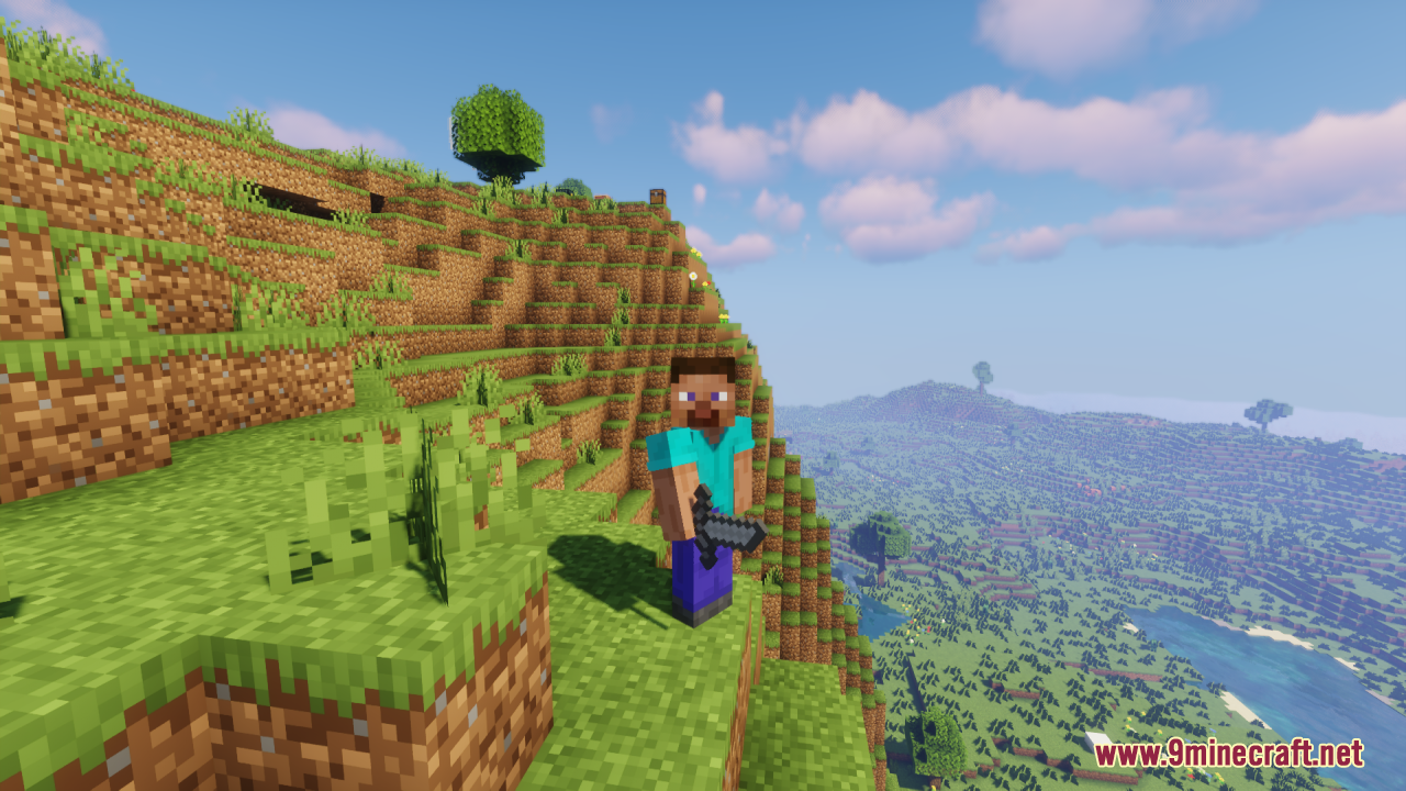 A player character stands on a grassy cliff holding a short dark sword