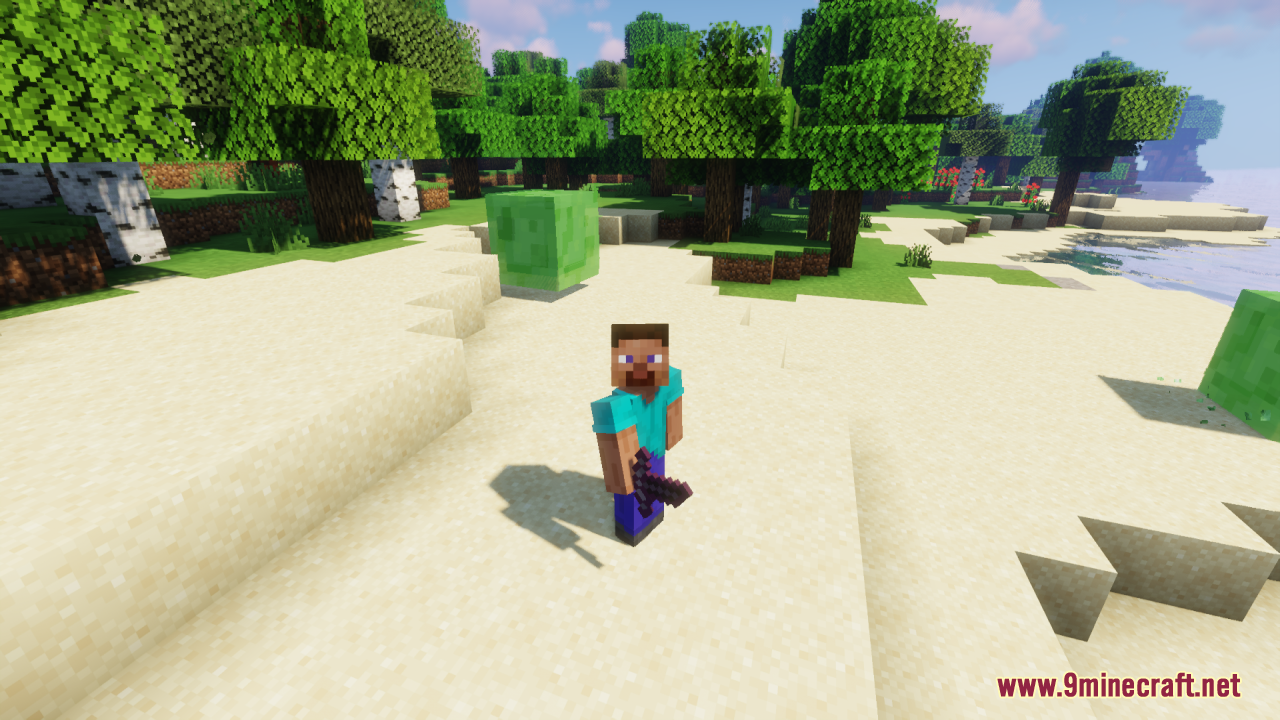 A Minecraft player holding a short netherite sword on a sandy beach