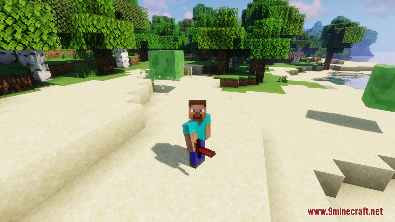Player character wielding a short red sword near green slimes and trees