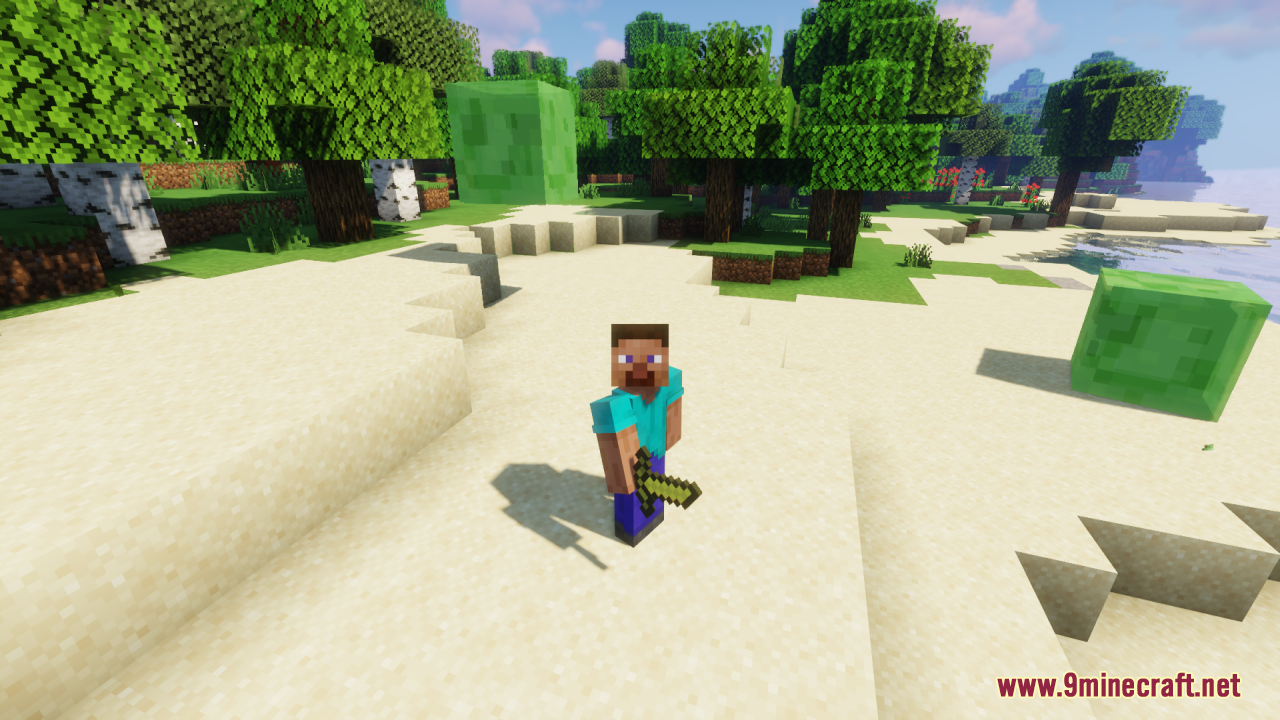 Steve stands on a beach holding a short green sword near green slimes