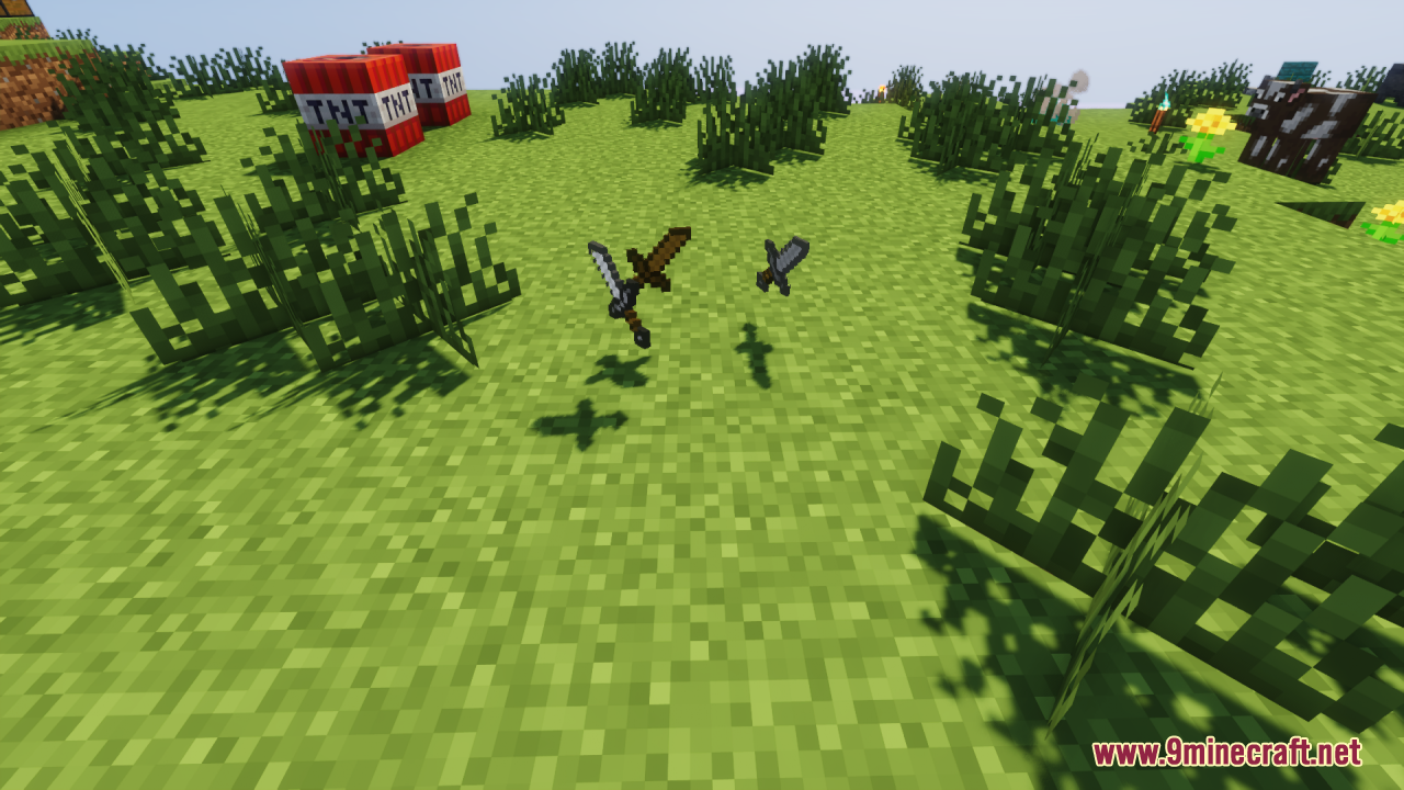 Short iron and stone swords dropped on the grass next to TNT blocks
