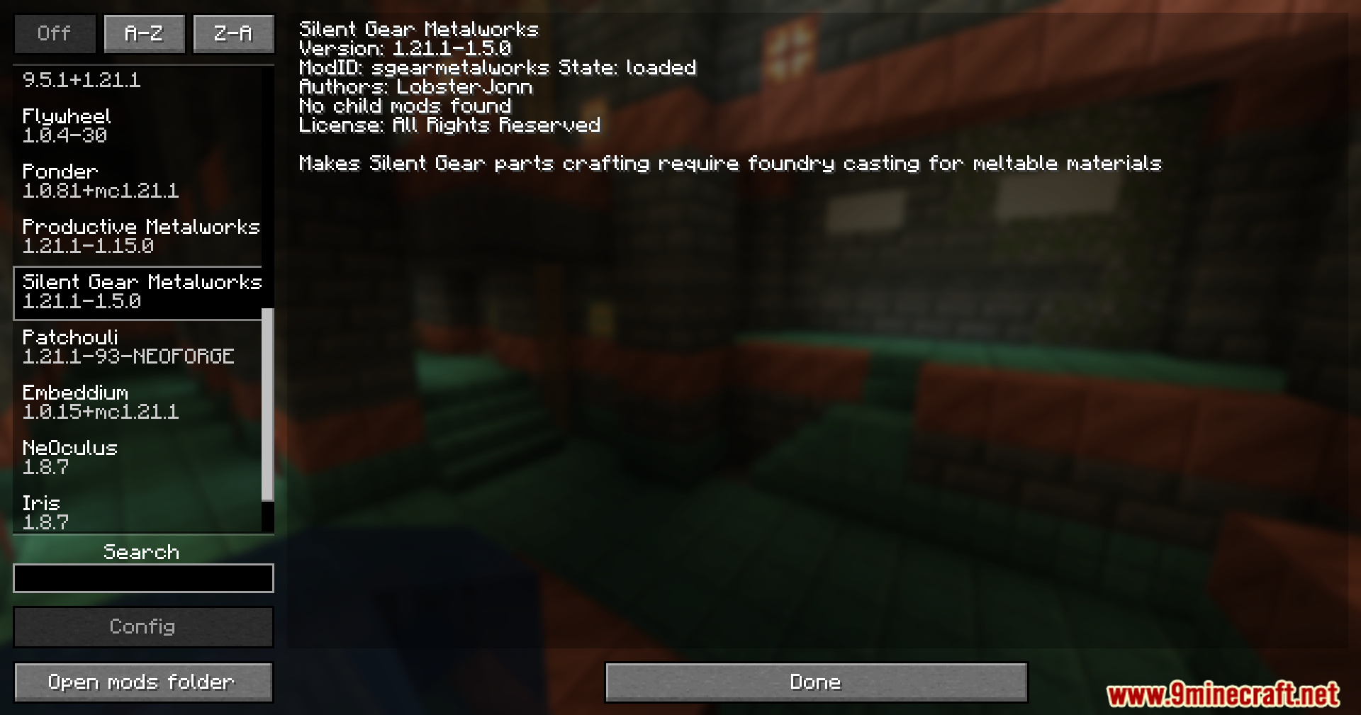 Silent Gear Metalworks Mod Screenshot 1 The mod list screen displaying information about the Silent Gear Metalworks mod