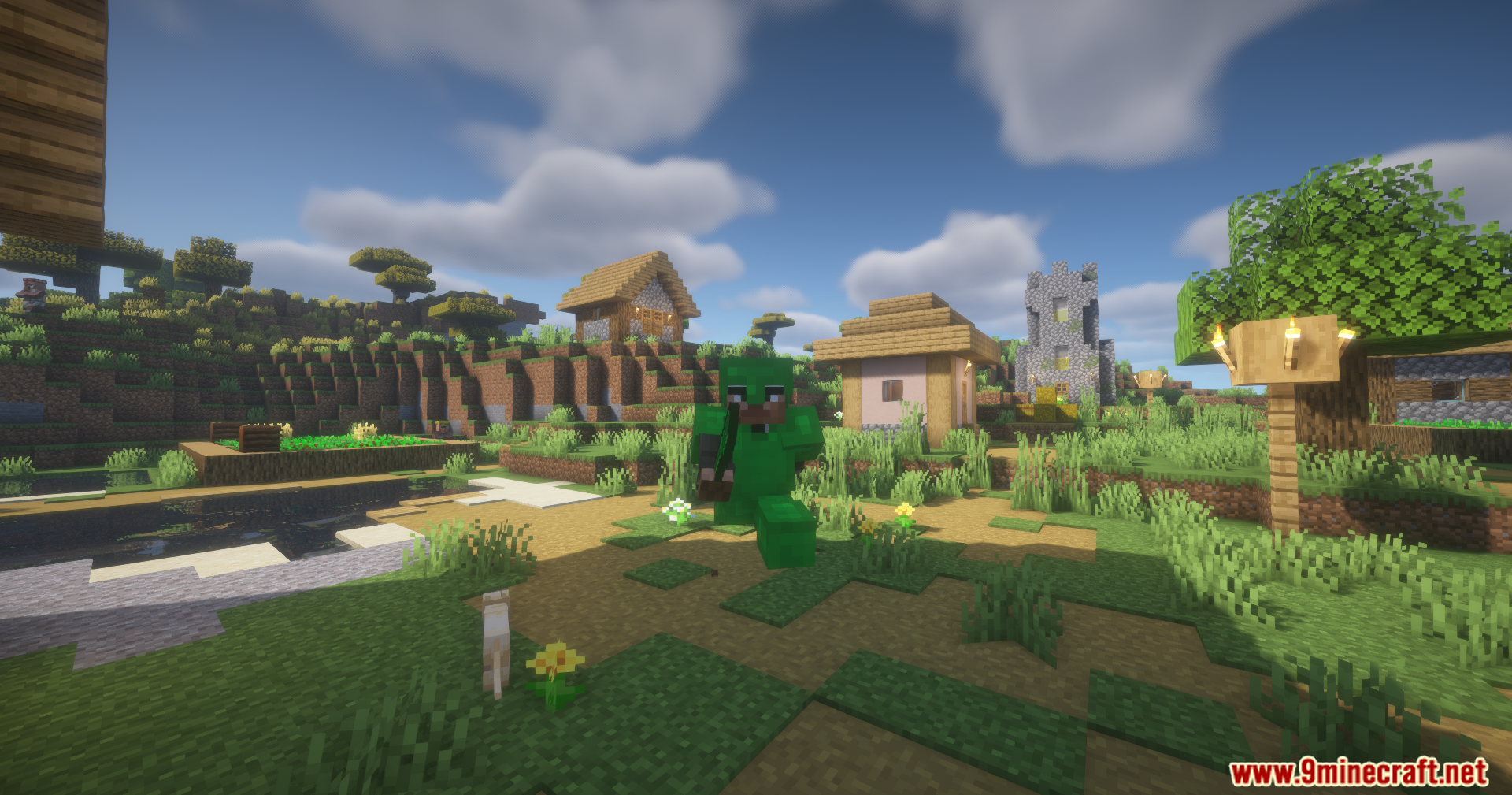 Silent Gear Metalworks Mod Screenshot 11 A player wearing full green armor stands in a sunny Minecraft village