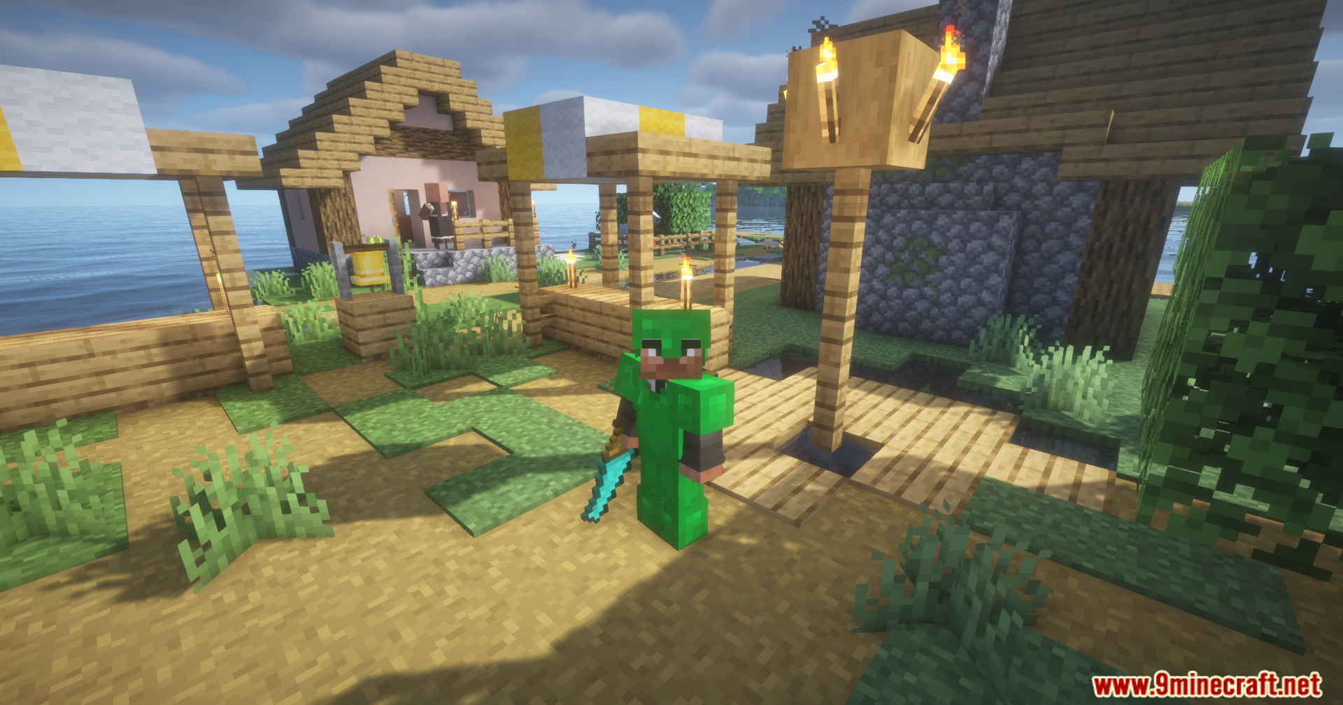 Silent Gear Metalworks Mod Screenshot 15 Minecraft player wearing green metal armor standing in a village by the sea