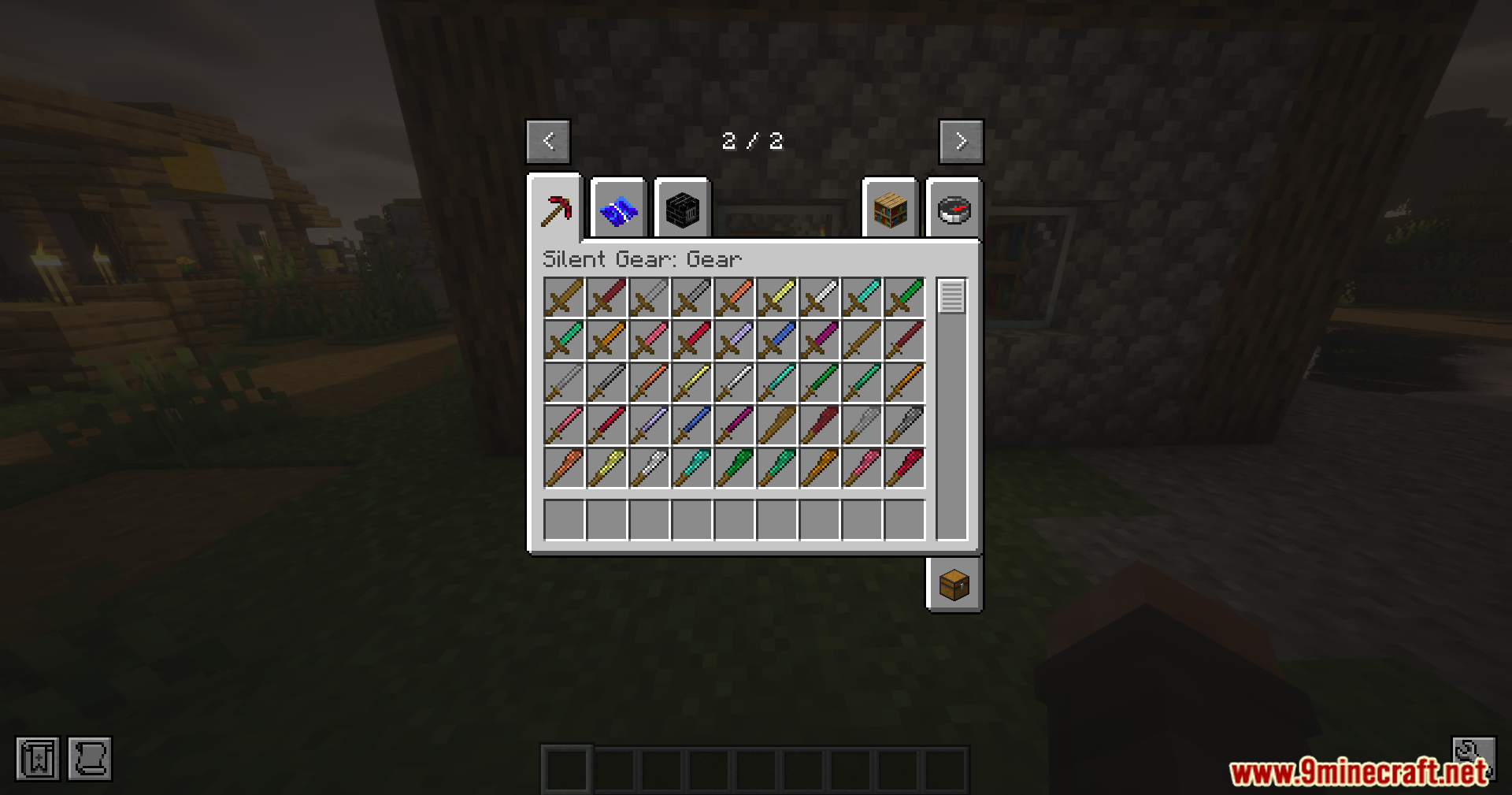 Silent Gear Metalworks Mod Screenshot 2 Creative inventory showing various colorful swords and tools from the Silent Gear mod