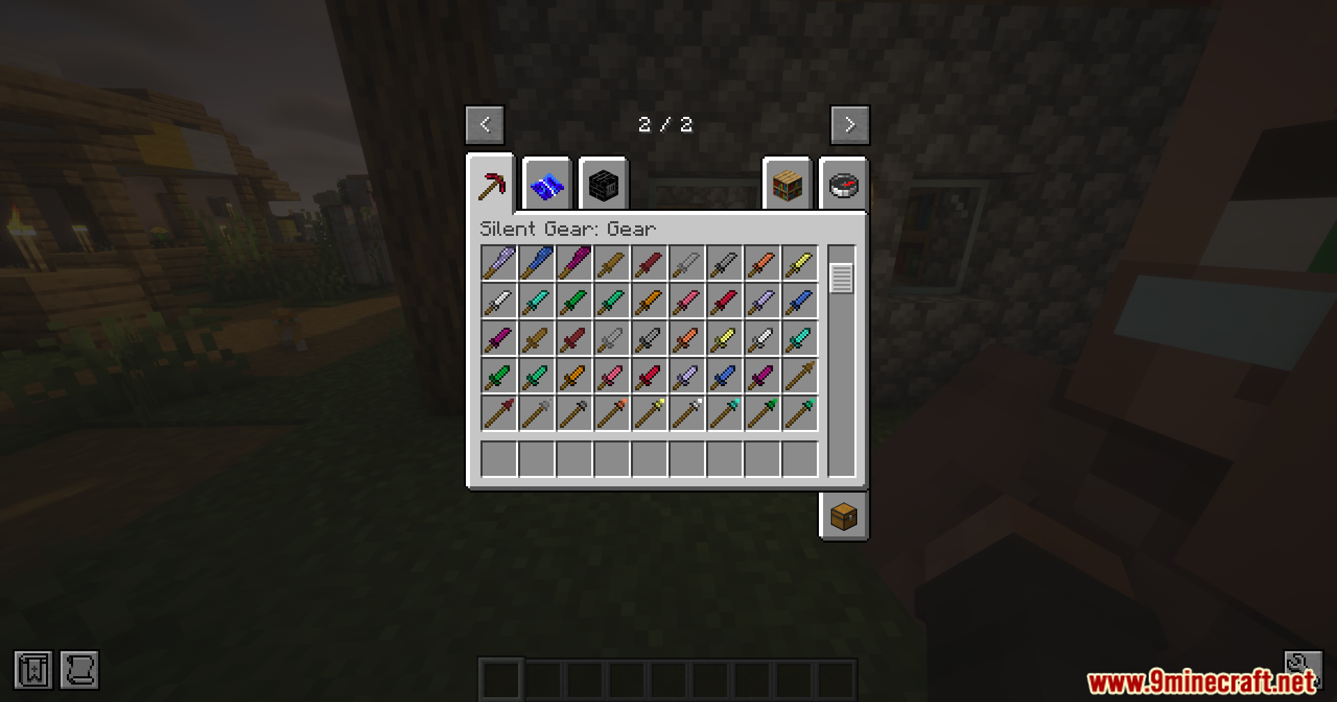 Silent Gear Metalworks Mod Screenshot 3 A creative inventory tab displaying many colorful swords from Silent Gear Metalworks mod