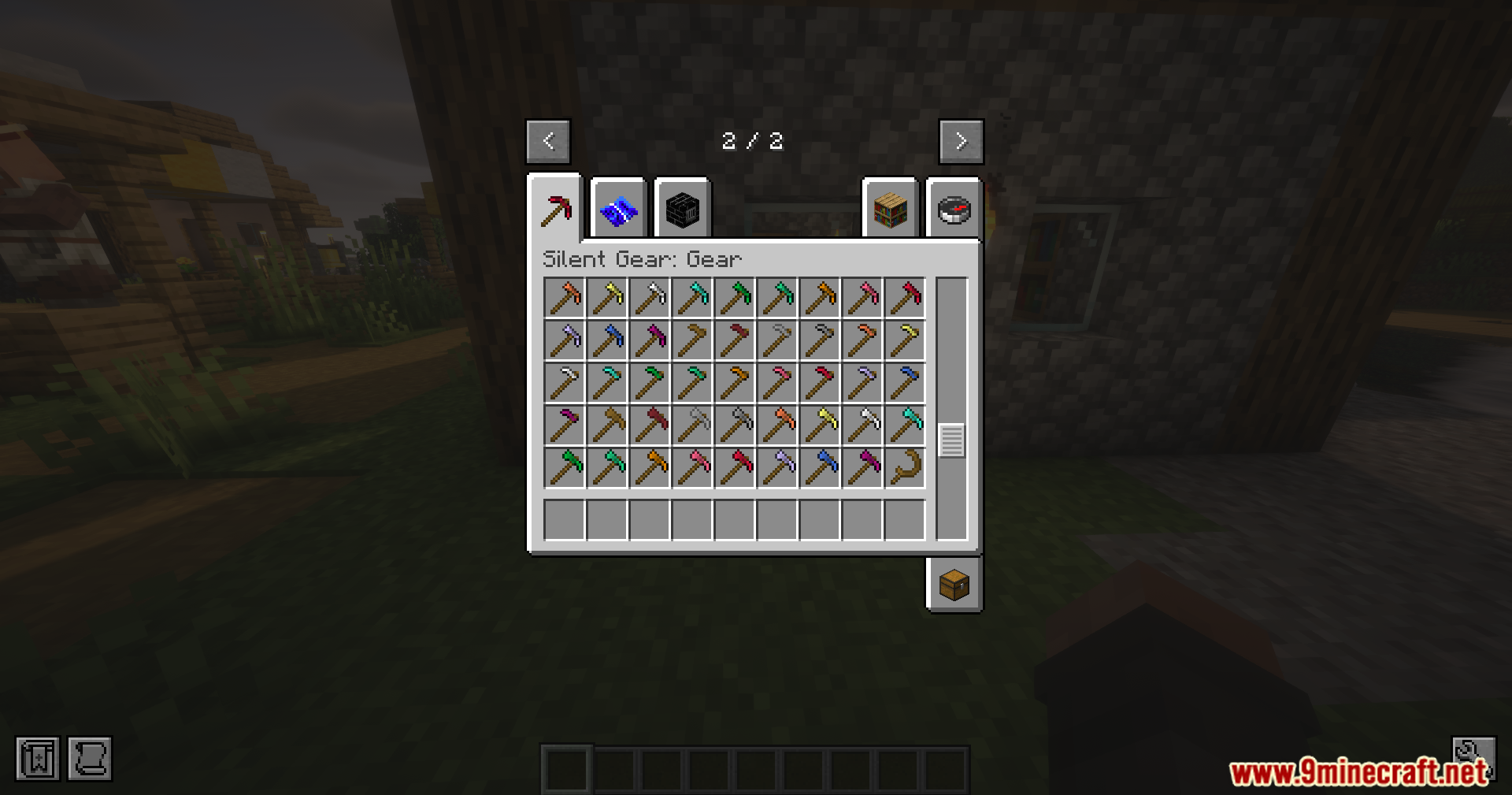 Silent Gear Metalworks Mod Screenshot 6 A collection of colorful pickaxes and hoes in the creative inventory