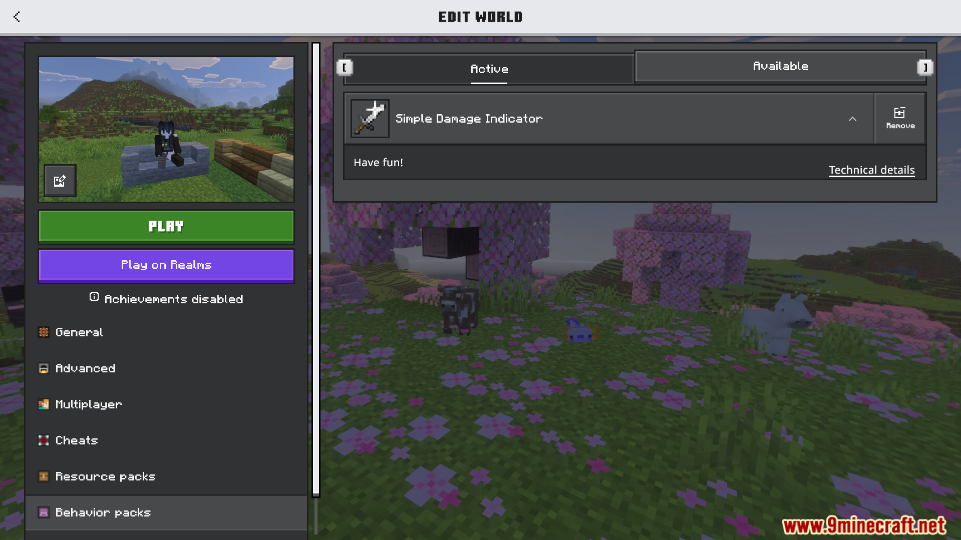 Simple Damage Indicator Addon Screenshot 1 Minecraft world settings menu showing the active Simple Damage Indicator addon