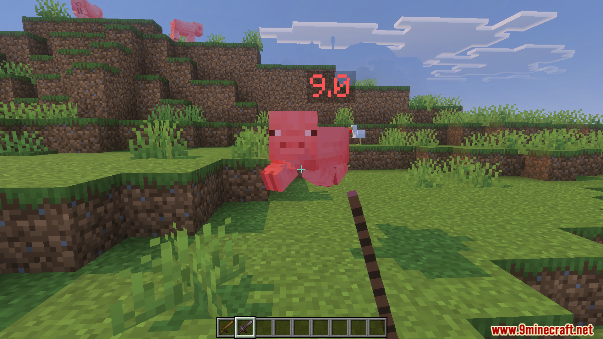 Simple Damage Indicator Addon Screenshot 4 Floating red numbers show nine damage dealt to a pig with sword
