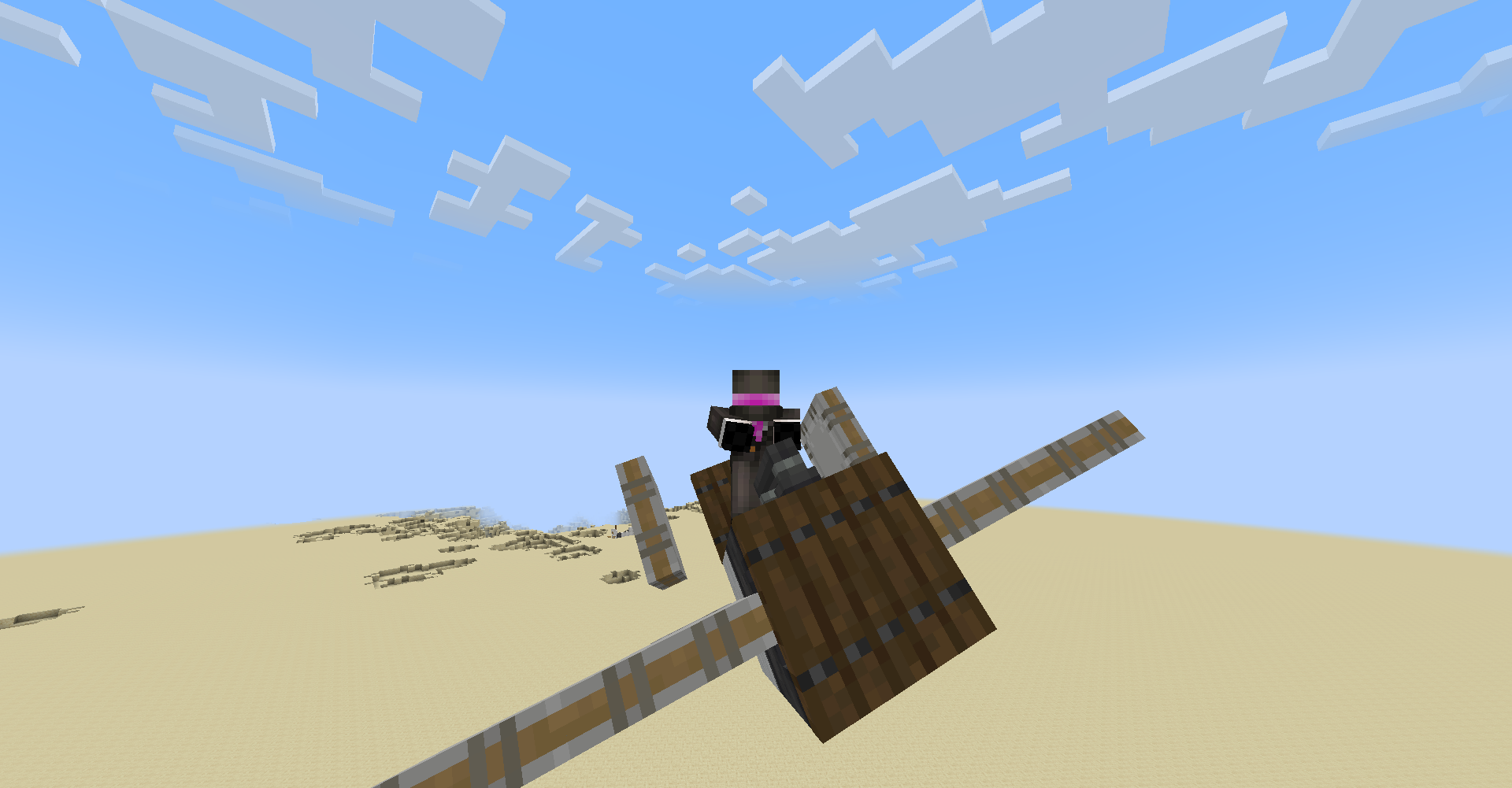 Simple Handle Powered Plane Schematic Screenshots 1 A Minecraft player flying a custom piston plane over a vast desert biome