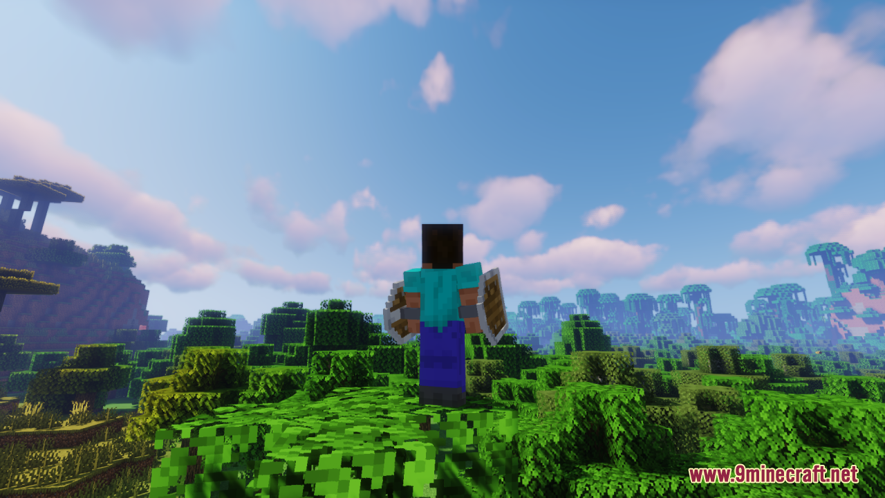 Simple Kite Shield Resource Pack Screenshot 11 Minecraft character viewed from behind holding custom kite shields in a lush forest