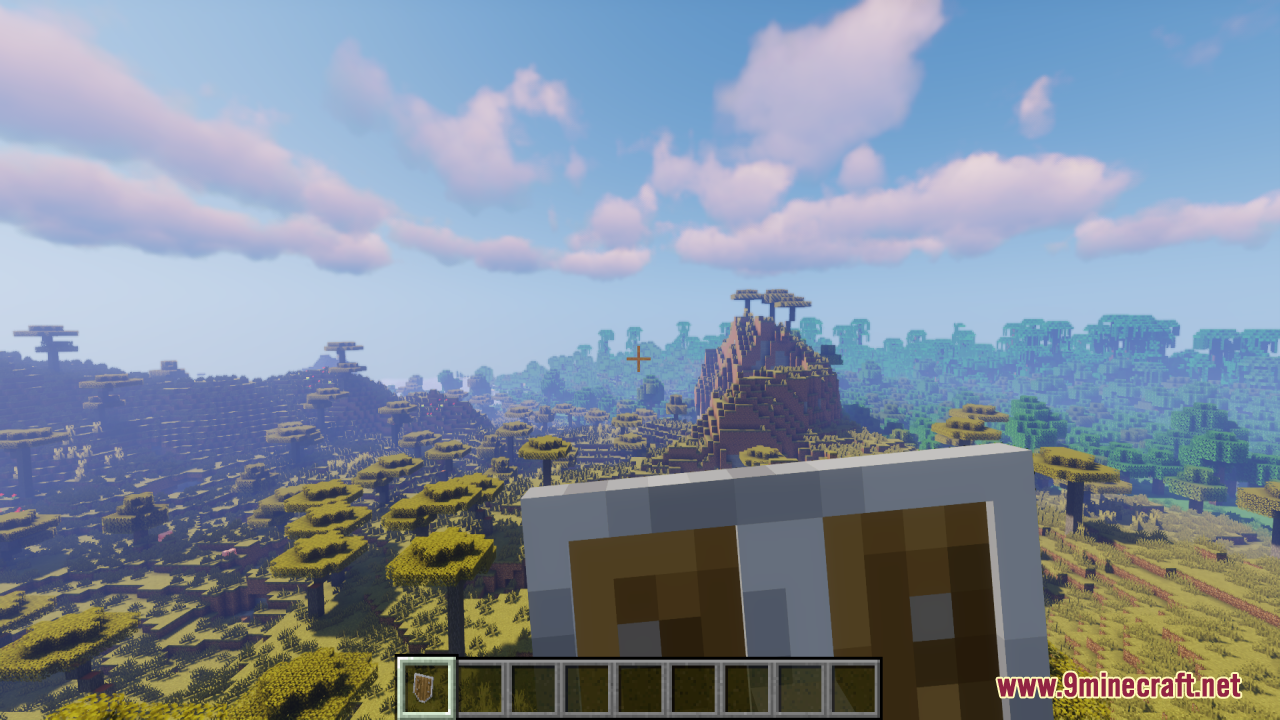 Simple Kite Shield Resource Pack Screenshot 3 First person view of a player holding a wooden kite shield overlooking savanna