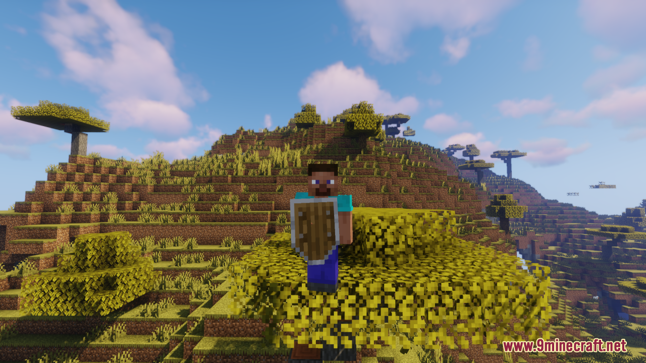Simple Kite Shield Resource Pack Screenshot 4 A Minecraft character holding a kite shield while standing on a tree
