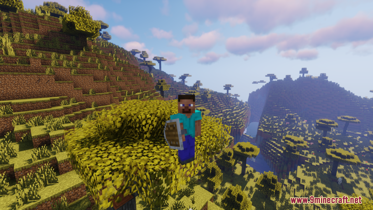Simple Kite Shield Resource Pack Screenshot 5 A player character holding a kite shield in a vast savanna landscape