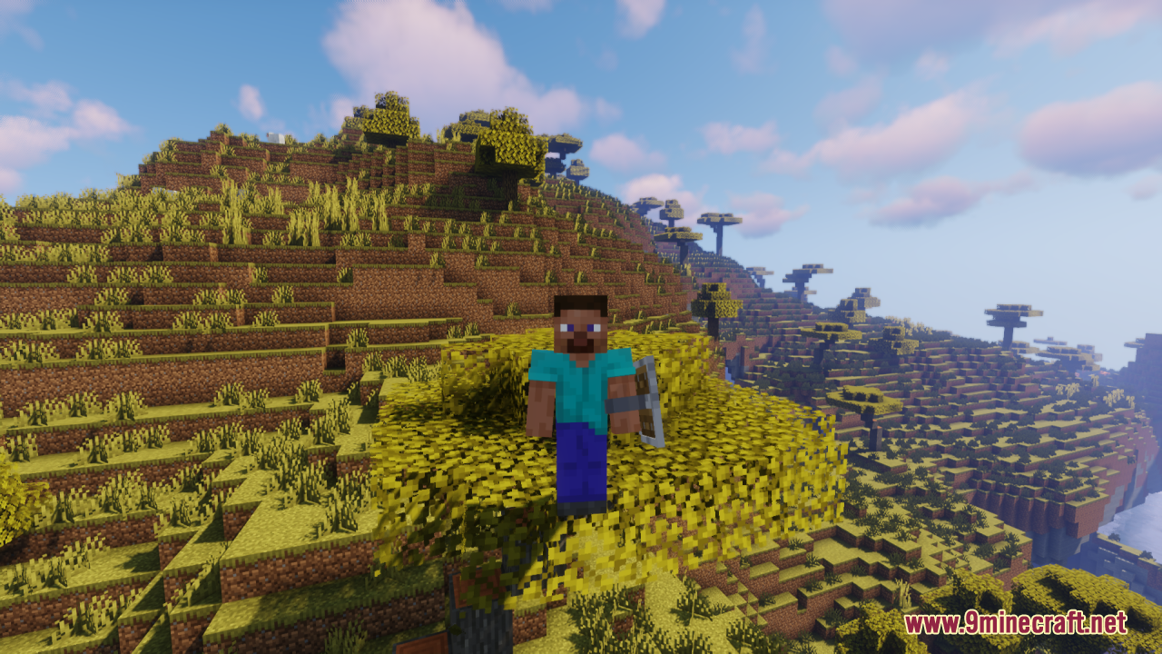 Simple Kite Shield Resource Pack Screenshot 6 Steve standing on a tree while holding a custom kite shield model