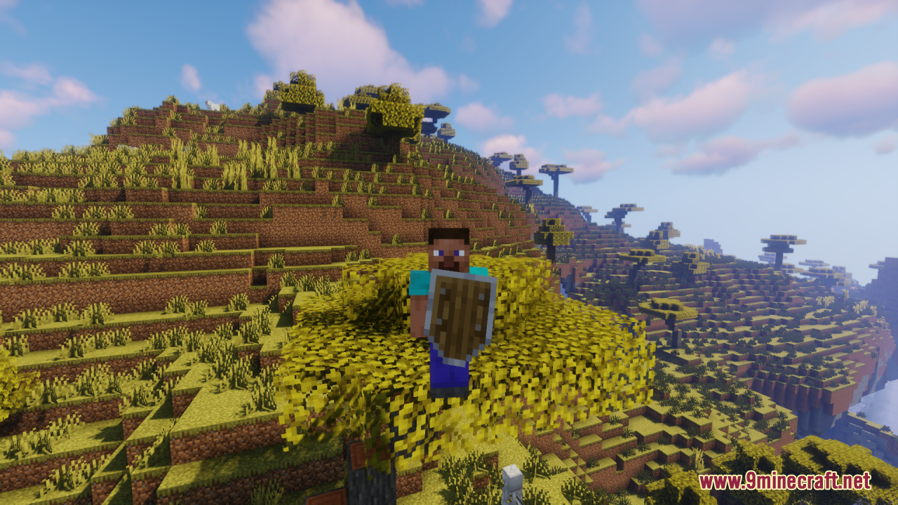 Simple Kite Shield Resource Pack Screenshot 7 Minecraft player character holding a wooden kite shield in a savanna landscape