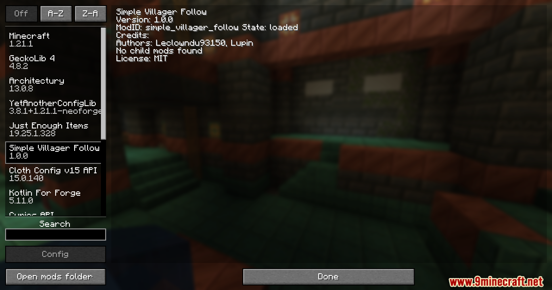 Simple Villager Follow Mod Screenshot 1 A Minecraft mod menu screen showing the Simple Villager Follow mod information