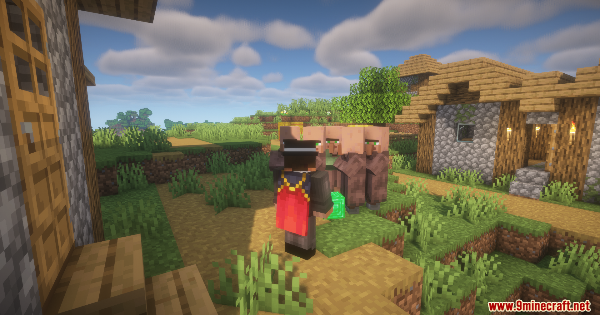 Simple Villager Follow Mod Screenshot 10 A group of villagers following a player holding an emerald block