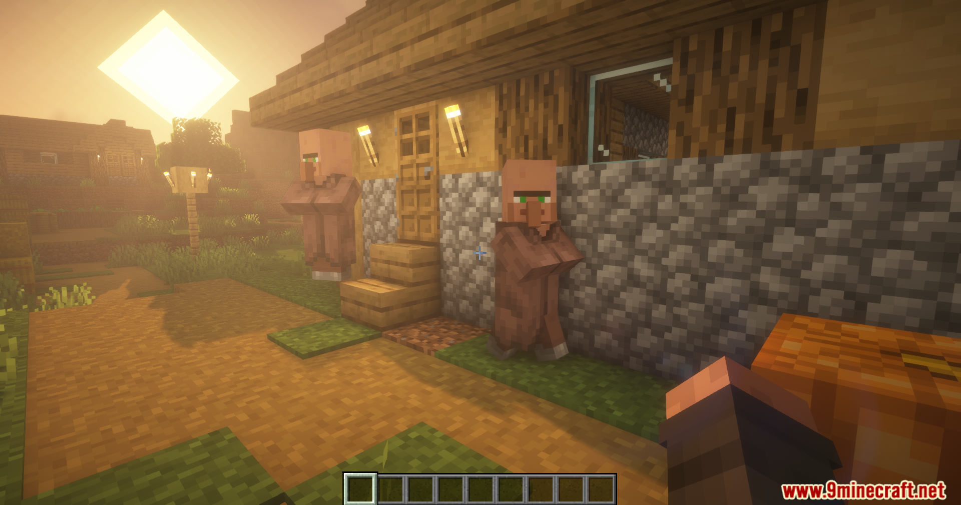 Simple Villager Follow Mod Screenshot 2 Two villagers standing outside a house during a scenic sunset with shaders