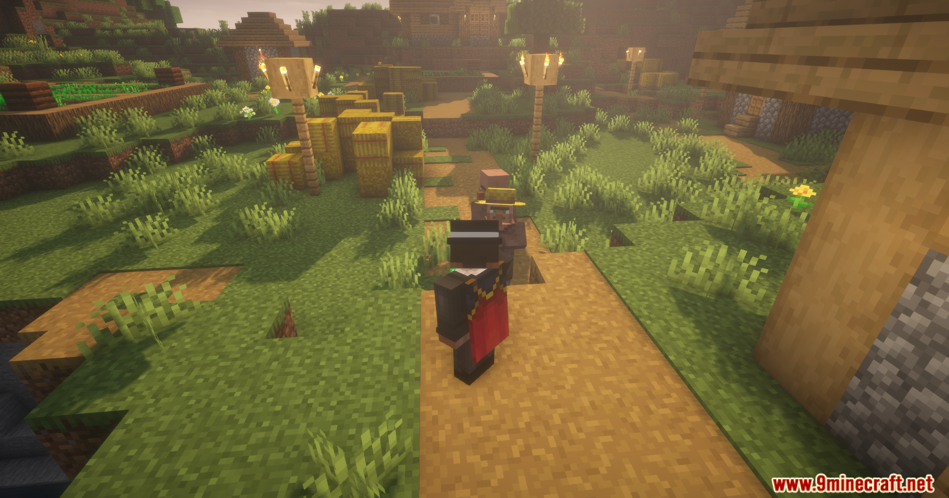 Simple Villager Follow Mod Screenshot 4 A player leads a villager along a dirt path through a grassy village