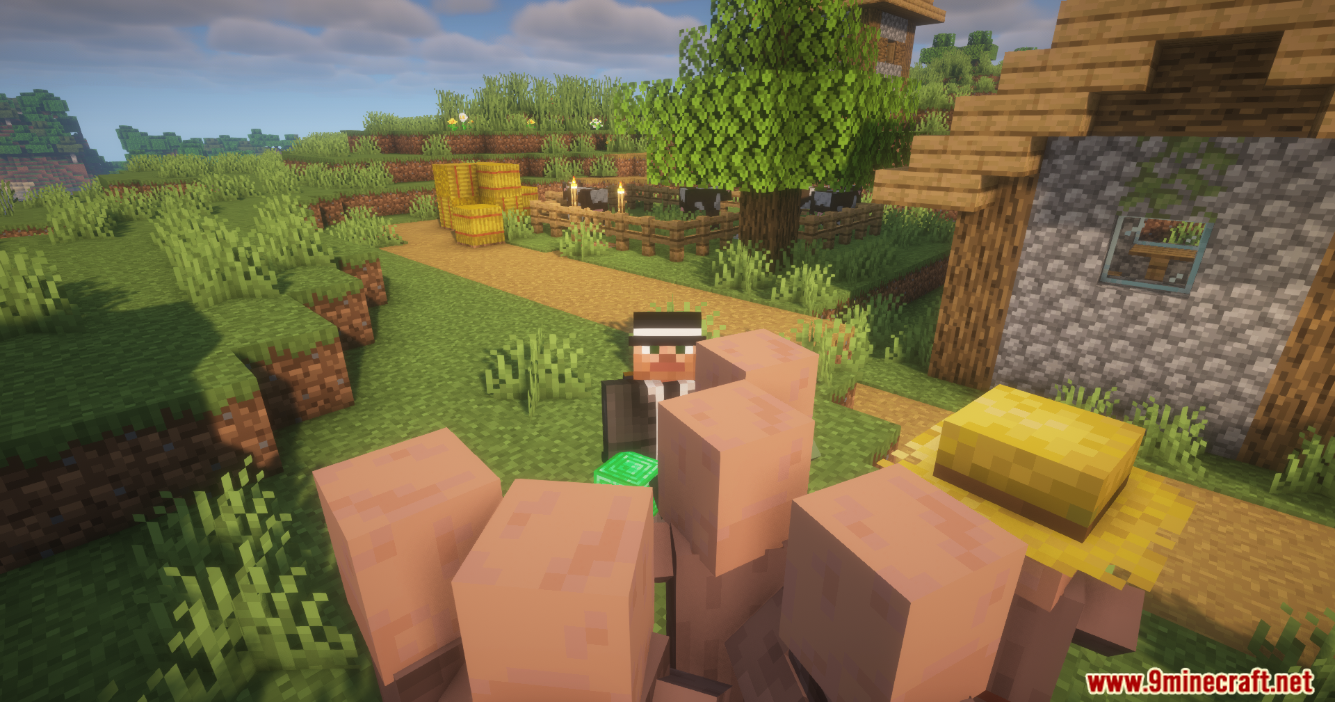 Simple Villager Follow Mod Screenshot 6 A group of villagers follows a player holding an emerald in their hand